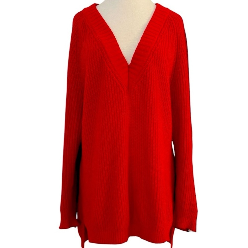 Express Oversized Red V Neck Long Sleeve Pullover Sweater Arm Stripes Size SP - Picture 2 of 7